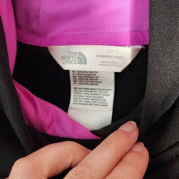 The North Face Womens Sz L Pullover Hooded Sweatshirt Hoodie Black Purple Logo - Picture 8 of 10
